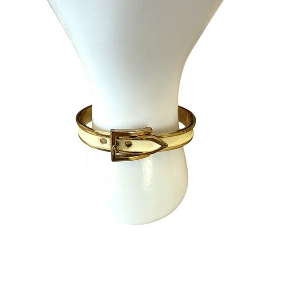 Vintage Gold-Tone Belt Buckle Design Bangle Bracelet With Cream Enamel Accent - Picture 1 of 6